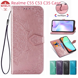 เคสโทรศัพท์มือถือหนัง แบบฝาพับ ลายนูน พร้อมช่องใส่บัตร สําหรับ Realme C53 C55 C35 C30 C21 C21Y C25Y C25 C25s C30s C15 C12 5i 10 8 5 5S 6i 6 7i 3 C11 C17 Narzo 50A 50i Prime