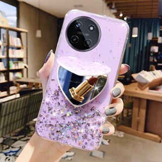 ใหม่ พร้อมส่ง เคสโทรศัพท์มือถือ TPU แบบใส ป้องกัน ปิดด้านหลัง ลายกลิตเตอร์ รูปหัวใจ พร้อมขาตั้งกระจกแต่งหน้า สําหรับ Realme11 NFC RealmeC51 Realme 11 NFC C51 4G 5G