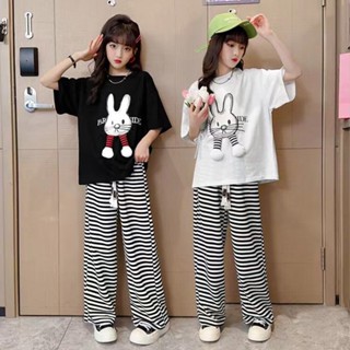 Girls Summer Cotton Set Two-piece Explosions Princess Style Short-sleeved Striped Wide-leg Pants 2023 Summer Fashion