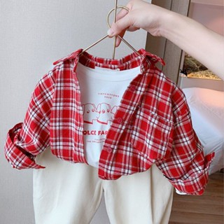พร้อมส่ง ใหม่ เสื้อเชิ้ตแขนยาว ลายสก๊อต แฟชั่นฤดูใบไม้ผลิ สไตล์เกาหลี และญี่ปุ่น สําหรับเด็กผู้ชาย และเด็กผู้หญิง 2023