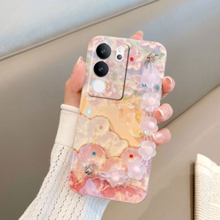 เคสVivo V29 5G V27E V27 Pro V27 V25E V25 Pro 5G มือถือ ซิลิโคนนิ่ม ลายภาพวาดสีน้ํามัน รูปดอกซากุระ พร้อมสายคล้องมือ สําหรับ เคสโทรศัพท์Vivo V29 5G 2023