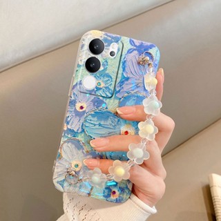 เคสโทรศัพท์Vivo V29 5G V27E V27 Pro V27 V25E V25 Pro 5G 2023 มือถือ ซิลิโคนนิ่ม ลายภาพวาดสีน้ํามัน รูปใบโคลเวอร์สี่แฉก พร้อมสายคล้องมือ สําหรับ เคสVivo V29 5G