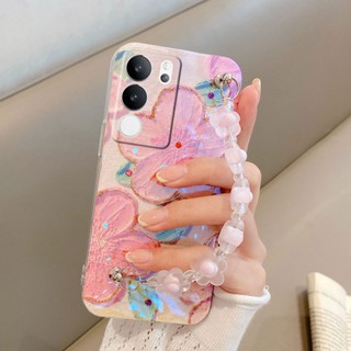 เคสVivo V29 5G V27E V27 Pro V27 V25E V25 Pro 5G มือถือ ซิลิโคนนิ่ม ลายภาพวาดสีน้ํามัน รูปพีช ดอกไม้ พร้อมสายคล้อง สําหรับ เคสโทรศัพท์Vivo V29 5G ใหม่ 2023