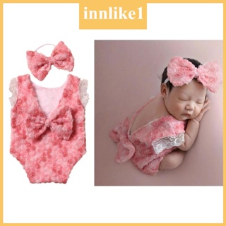 Innlike1 ชุดรอมเปอร์ แต่งลูกไม้ พร้อมที่คาดผม สําหรับเด็กทารกแรกเกิด พร็อพถ่ายภาพ