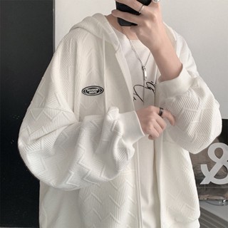 เสื้อคาร์ดิแกนกันหนาว แขนยาว มีฮู้ด ทรงหลวม แบบหนา แต่งซิป สีขาว แฟชั่นฤดูใบไม้ผลิ และฤดูใบไม้ร่วง สําหรับผู้ชาย
