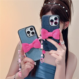 เคสป้องกันโทรศัพท์มือถือ ผ้ายีน ประดับโบว์ และจี้ดอกกุหลาบ สําหรับ iPhone 14 13 12 Pro Max 11 14promax