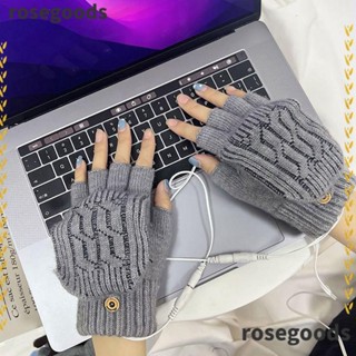 Rosegoods1 ถุงมือถักนิตติ้งไฟฟ้า แบบครึ่งนิ้ว ให้ความอบอุ่น ชาร์จ USB สําหรับผู้ชาย และผู้หญิง