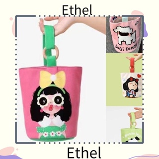 Ethel1 กระเป๋าถือ กระเป๋าสะพายไหล่ ผ้าแคนวาส พิมพ์ลายการ์ตูน ความจุสูง สีพื้น สําหรับเด็กผู้หญิง