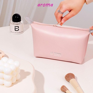 Aroma กระเป๋าเครื่องสําอาง หนัง PU มีซิป แบบพกพา สีครีม สําหรับนักเรียน ผู้หญิง