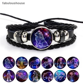 [fabuloushouse] สร้อยข้อมือหนังถัก 12 กลุ่มดาว ราศี สีดํา เครื่องประดับ สไตล์พังก์