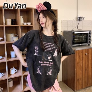 Du Yan ใหม่ เสื้อยืด ผ้าฝ้าย 100% ทรงหลวม สไตล์เรโทร อเมริกัน สําหรับผู้หญิง