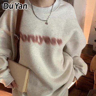 Du Yan ใหม่ เสื้อกันหนาวลําลอง คอกลม พิมพ์ลายตัวอักษร ทรงหลวม สีเทา สําหรับผู้หญิง