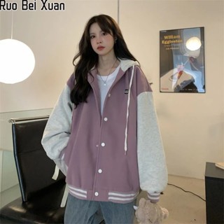 Ruo Bei Xuan ผู้หญิงใหม่สีความคมชัดเย็บHoodedเสื้อกันหนาวเกาหลีหลวมคุณภาพสูงขนแกะชุดเบสบอล