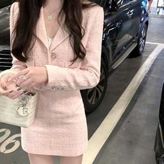 เสื้อแจ็กเก็ตสูท เข้ารูป และกระโปรงสั้น เอวสูง สีชมพู สไตล์เกาหลี สําหรับผู้หญิง
