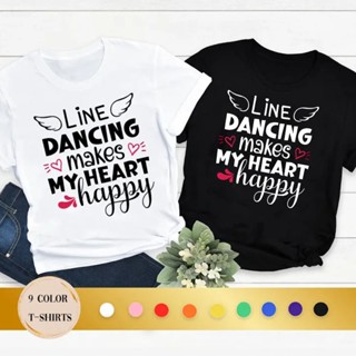 เสื้อยืด พิมพ์ลายตัวอักษร Line Dancing Makes My Heart Happy Flying Wings แฟชั่นสําหรับผู้หญิง