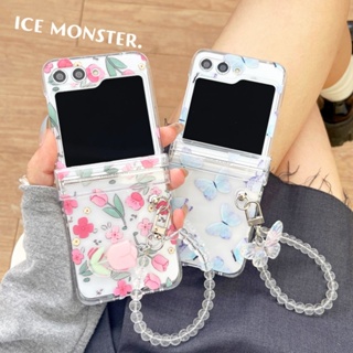 เคสโทรศัพท์มือถือแบบแข็ง ใส กันกระแทก ลายดอกไม้ พร้อมสายคล้องมือ สําหรับ Samsung Galaxy Z Flip 5 ZFlip5