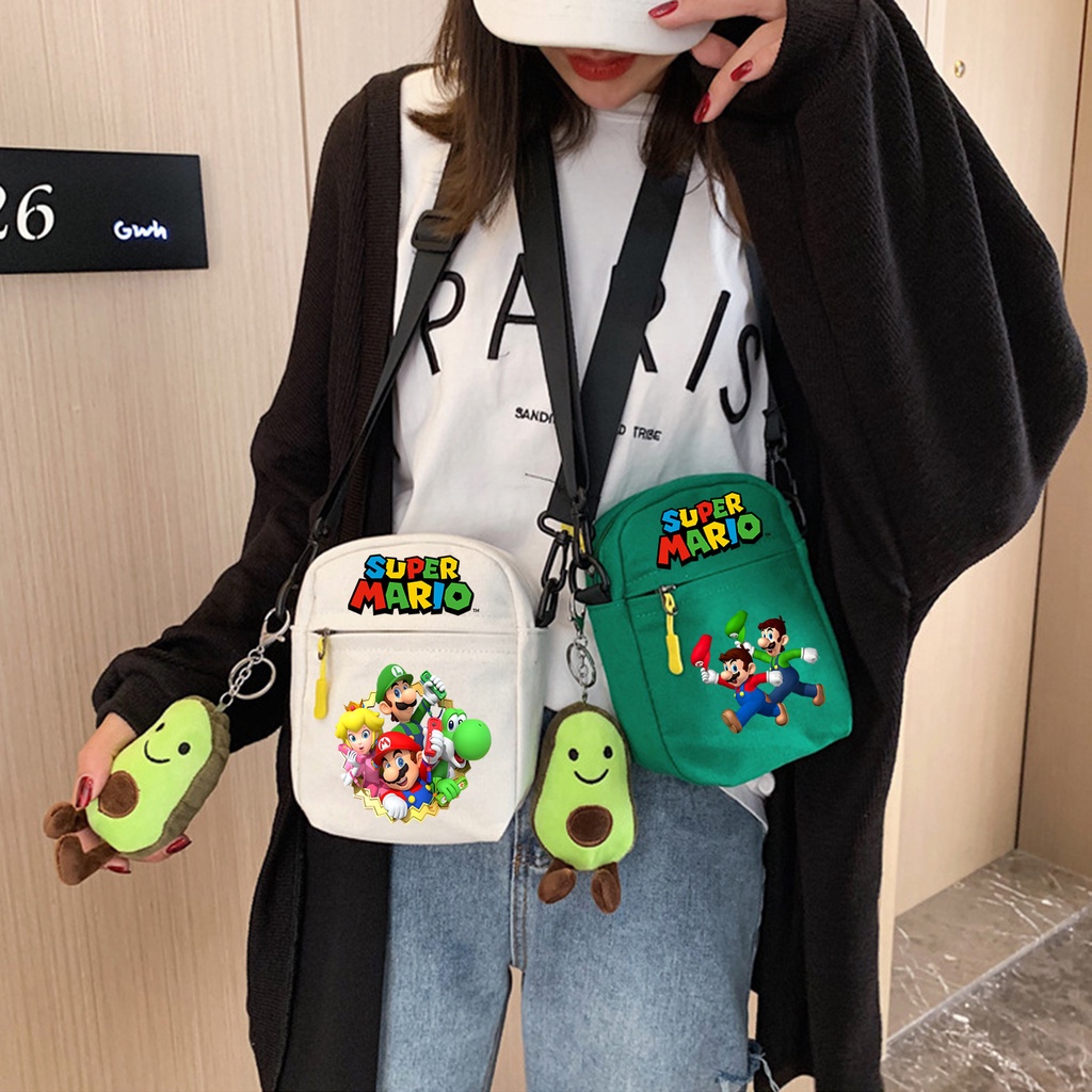 กระเป๋าสะพายไหล่ กระเป๋าเมสเซนเจอร์ ผ้าแคนวาส พิมพ์ลายการ์ตูน Super Mario Bros แบบพกพา เหมาะกับของขวัญวันเกิด สําหรับเด็ก และผู้ใหญ่