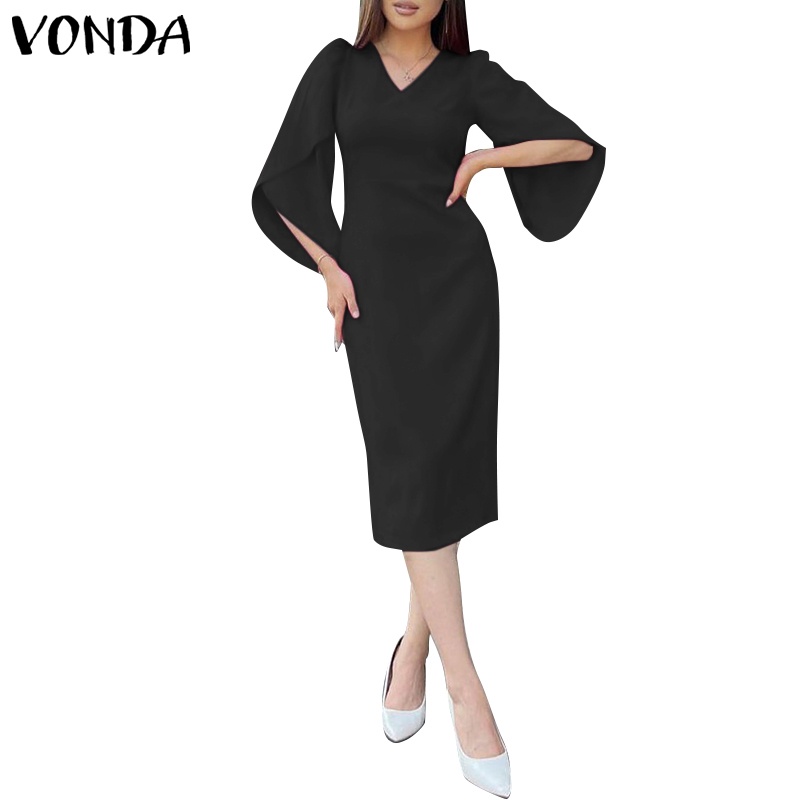 Vonda ชุดเดรส คอวี แขนห้าส่วน แบบเรียบ สไตล์เกาหลี สําหรับผู้หญิง