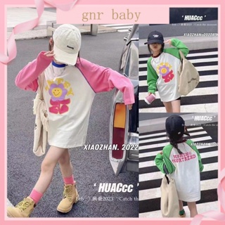 🍎GNR BABY🍊เสื้อยืดแขนยาว ทรงหลวม ลายดอกไม้ สไตล์เกาหลี สําหรับเด็กผู้หญิง อายุ 3-12 ปี