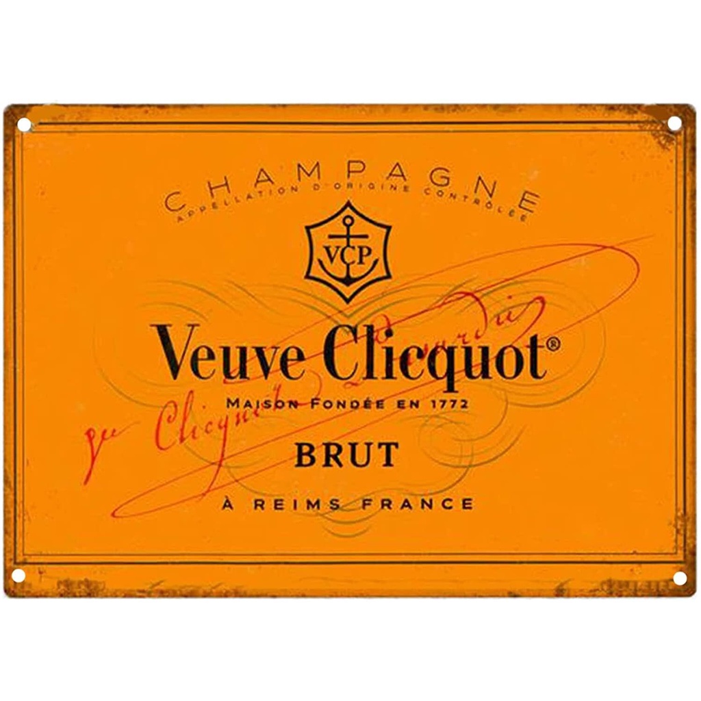 Veuve Clicquot Brut แชมเปญ Retro แผ่นโลหะดีบุก ขนาด 12x16 นิ้ว (30x40 ซม.) สีขาว สำหรับตกแต่งบ้านหรื