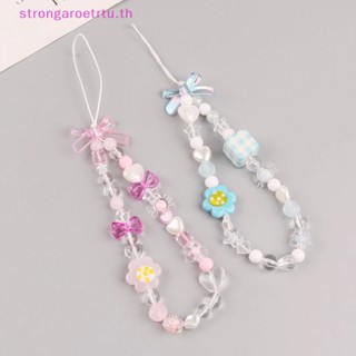 Strongaroetrtu สายคล้องโทรศัพท์มือถือ ประดับลูกปัดดอกไม้ หัวใจ โบว์น่ารัก สไตล์เกาหลี สําหรับผู้หญิง