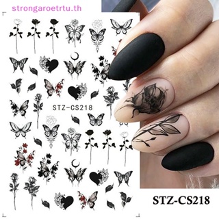 Strongaroetrtu สติกเกอร์ ลายดอกไม้ เซ็กซี่ สีดํา และสีขาว สําหรับตกแต่งเล็บ DIY 1 ชิ้น