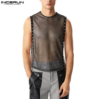 Incerun เสื้อกล้ามซีทรู ผ้าตาข่าย แต่งกลิตเตอร์ สไตล์วินเทจ สําหรับผู้ชาย