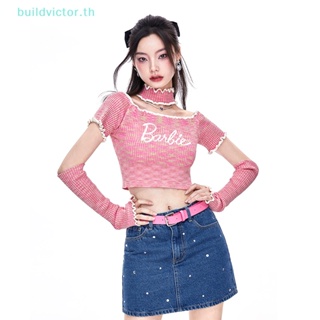 Buildvictor เสื้อครอปท็อป เปิดไหล่ข้างเดียว ผ้าถัก เซ็กซี่ สีชมพู สําหรับตุ๊กตาบาร์บี้