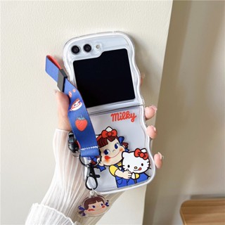 เคสโทรศัพท์มือถือแบบนิ่ม TPU ใส ลายการ์ตูนเด็กผู้หญิงนม พร้อมสายคล้อง สําหรับ Samsung Galaxy Z Flip5 Flip4 Flip3 5G