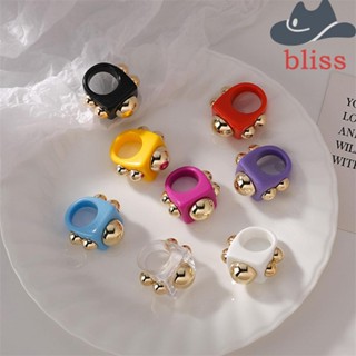 Bliss แหวนแฟชั่น ทรงสี่เหลี่ยมผืนผ้า ประดับลูกปัดโลหะ ทรงสี่เหลี่ยมผืนผ้า สไตล์เกาหลี พังก์
