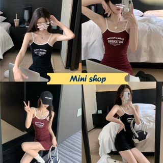 Mini shop🌸พร้อมส่ง🌸 (0881-2) ชุดเดรสไหมพรม สกีนตัวอักษร เข้ารูปกระโปรงสั้น -C