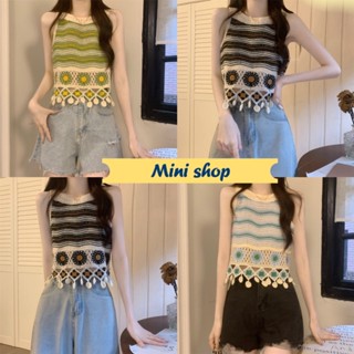 Mini shop🌸พร้อมส่ง🌸 (91099) เสื้อกล้ามครอปสั้นถักไหมพรม ตกแต่งพู่ถักห้อยๆ-C