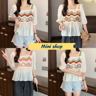 Mini shop🌸พร้อมส่ง🌸 (C646) เสื้อถักไหมพรม แขนสั้น ลายดอกไม้แขนชีฟอง ใส่สบาย -C