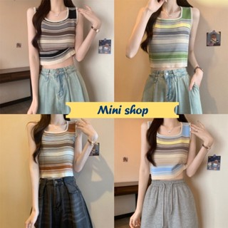 Mini shop🌸พร้อมส่ง🌸 (87021) เสื้อกล้ามไหมพรมลายทาง คอกลมมี4 สี