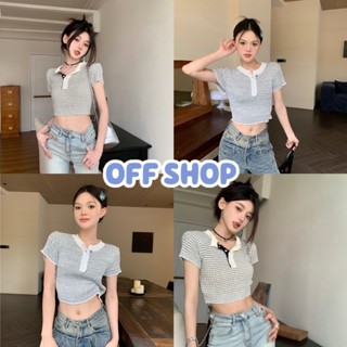 OFF SHOP พร้อมส่ง (OFF-15016) เสื้อไหมพรมแขนสั้น คอกลม กระดุมแกะได้จริง -C