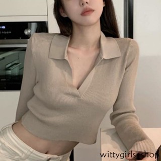 Wittygirls_shop |เสื้อยืดแขนยาว ผ้าถัก แฟชั่นฤดูใบไม้ร่วง สไตล์เกาหลี สําหรับผู้หญิง