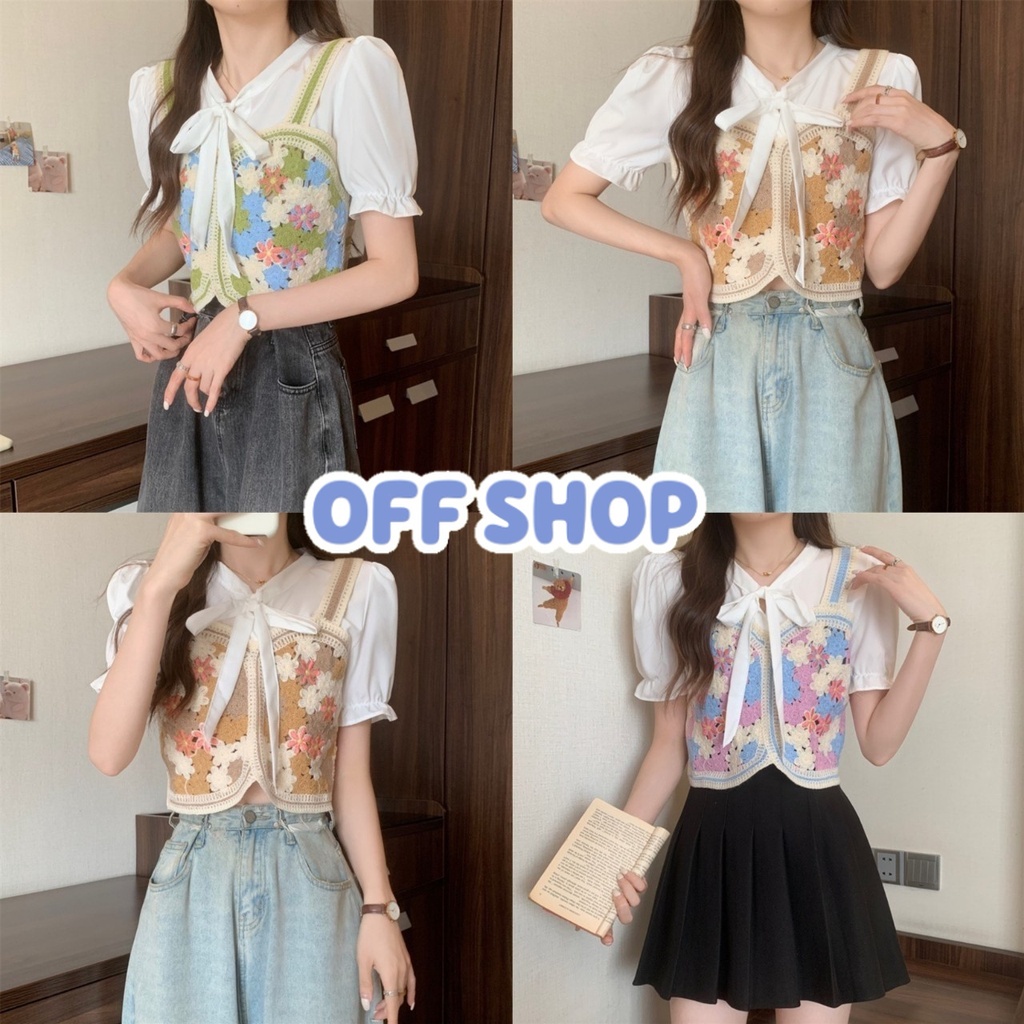 OFF SHOP พร้อมส่ง (OFF-72028) เสื้อแขนสั้น แขนผ้าชีฟอง ถักไหมพรมลายดอกไม้ -C