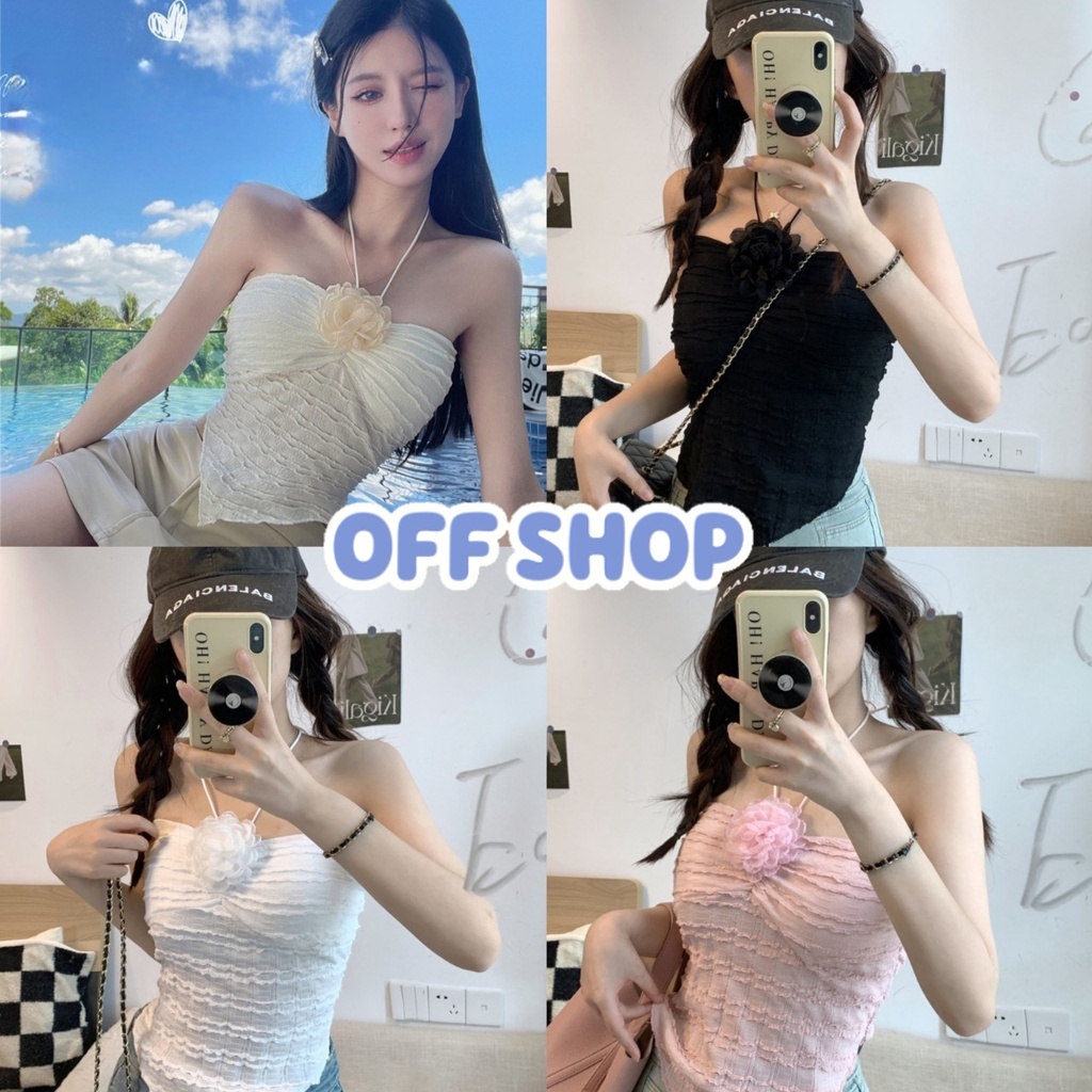 OFF SHOP พร้อมส่ง (OFF-09008) เสื้อเกาะอกไหมพรม ผูกคล้องคอ แถมเข็มกัดดอกไม้ ปลายทรงสามเหลี่ยม -C