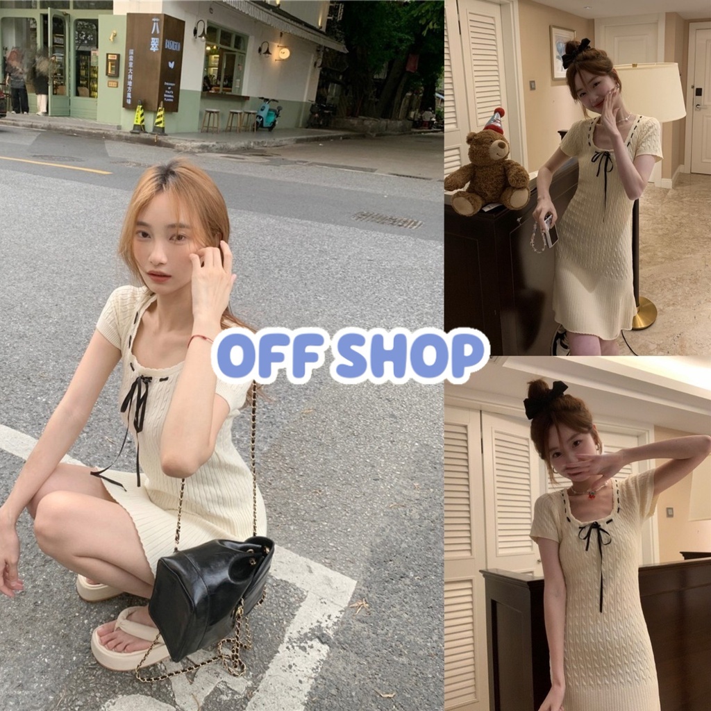 OFF SHOP 🥻 ชุดมินิเดรส สไตล์เกาหลีแขนสั้น ลายเปียผ้าไหมพรม "03038" -C