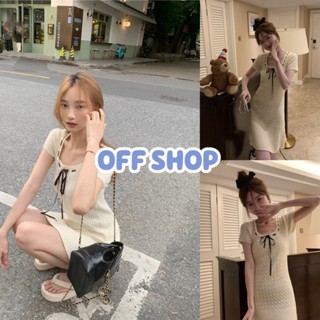 OFF SHOP พร้อมส่ง (OFF-03038) ชุดมินิเดรส สไตล์เกาหลีแขนสั้น ลายเปียผ้าไหมพรม -C