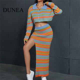 Dunea ชุดเสื้อท็อป กระโปรงยาว เอวสูง ผ้าถัก ลายทาง ผ่าข้าง สําหรับผู้หญิง