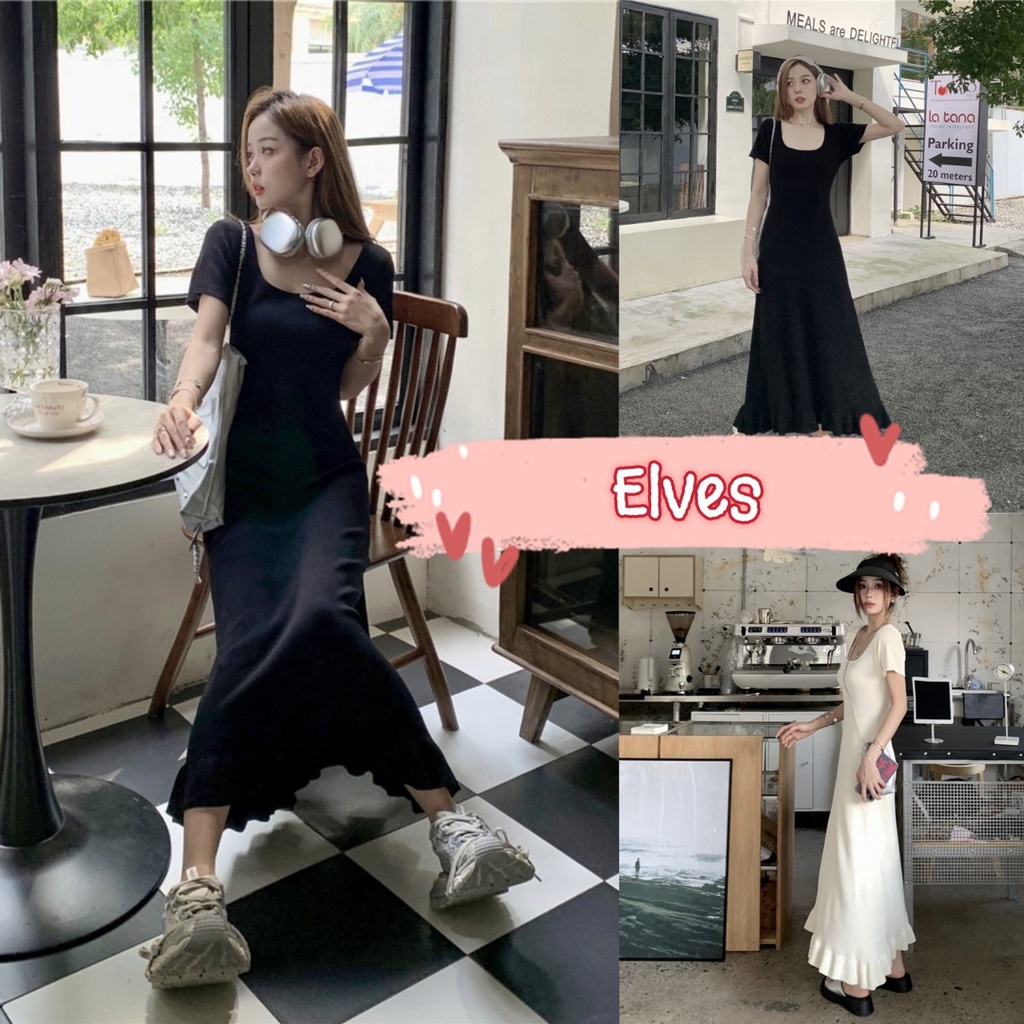 Elves พร้อมส่ง ชุดเดรสไหมพรมแขนสั้น ทรงยาวปลายกระโปรงพิ้วๆ~9A129~ -C