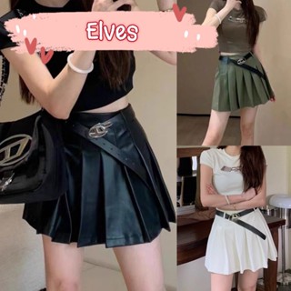 Elves✨พร้อมส่ง✨ กระโปรงหนัง เอวสูง สไตล์Y2K แถมเข็มขัด ~2512~ -NZ-XM