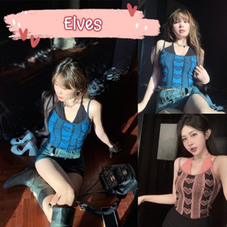 Elves✨พร้อมส่ง✨ เสื้อสายเดียวไหมพรมลายหัวใจ ดีเทลเพิ่มสายคล้องคอ ~39157~ -C