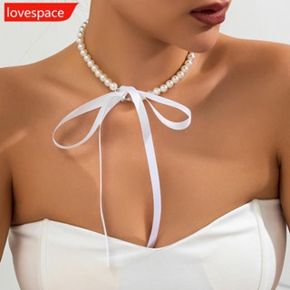 Lovespace สร้อยคอริบบิ้น ประดับโบว์ ไข่มุก สไตล์วินเทจ ฝรั่งเศส เครื่องประดับ สําหรับผู้หญิง M5O2