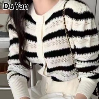 Du Yan เสื้อกันหนาว แขนยาว ผ้าถัก ลายทาง สีขาวดํา สไตล์ฝรั่งเศส สําหรับผู้หญิง