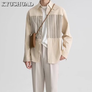 KYUSHUAD ใหม่เย็บปกแขนยาวอินเทรนด์แฟชั่นเสื้อเชิ้ตผู้ชายลายทาง