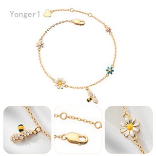 Yonger สร้อยข้อมือเงิน จี้รูปผึ้ง ดอกไม้ ประดับเพชรน่ารัก สีสันสดใส