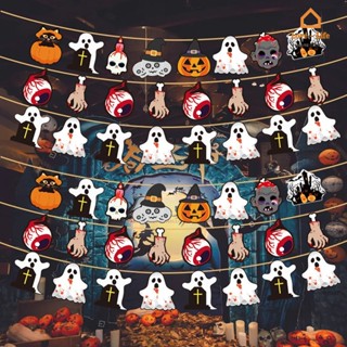 Happy Halloween ตัวอักษร กระดาษ ดึงธง / การ์ตูนสยองขวัญ ผี ฟักทอง ตกแต่ง แบนเนอร์ / เทศกาลผี ปาร์ตี้ บรรยากาศ อุปกรณ์ประกอบฉาก