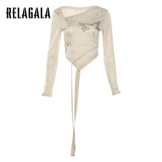 Relagala ใหม่ เสื้อยืดลําลอง แขนยาว คอปก สีพื้น แฟชั่นสําหรับสตรี 2023